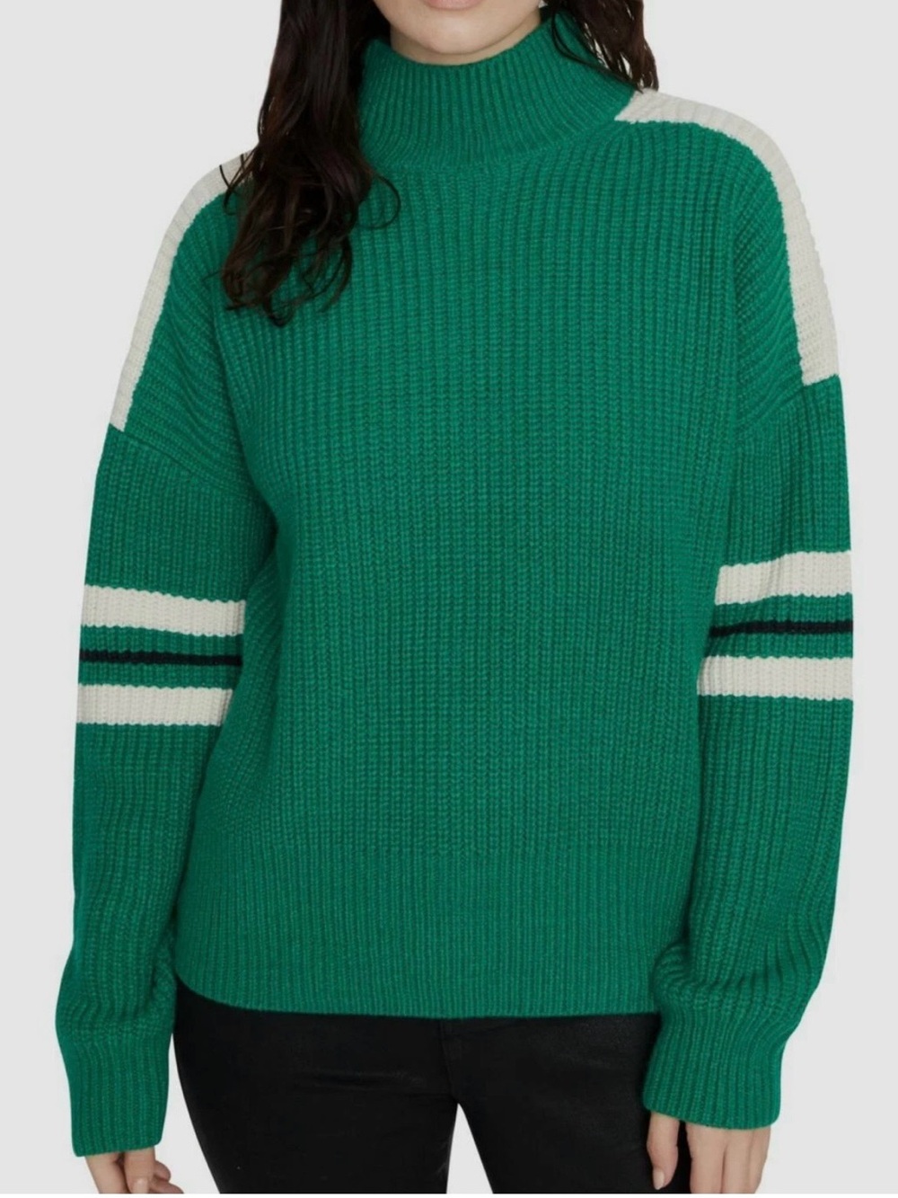 Sanctuary Green speedway turtleneck Ribbed Sweater with Contrast Stripes